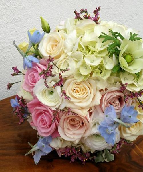 Bridal bouquet, Cavalie - pastels textured hydrangea roses Larkspur-Floral-Design-cambridge-UK