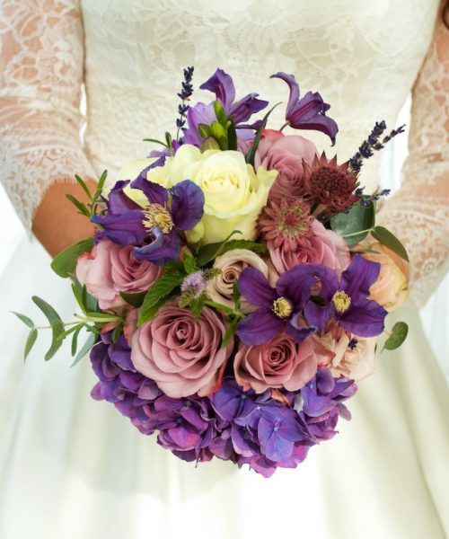 Classic Bridal bouquet purple hydrangea & dusky pinks rose