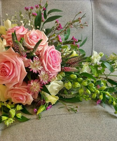 Trailing-Bouquet-Pink-Roses-Soft-Ruscus-Larkspur-Floral-Design-Cambridge-UK