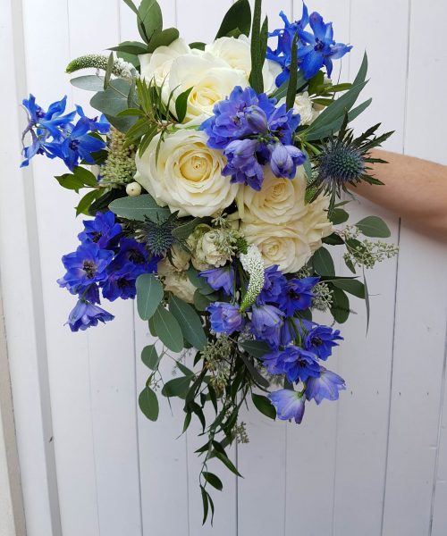 blue white bridal trailing bouquet