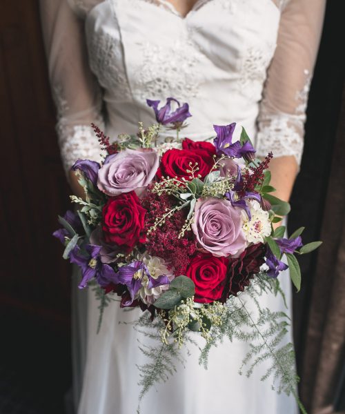 bouquet against dress