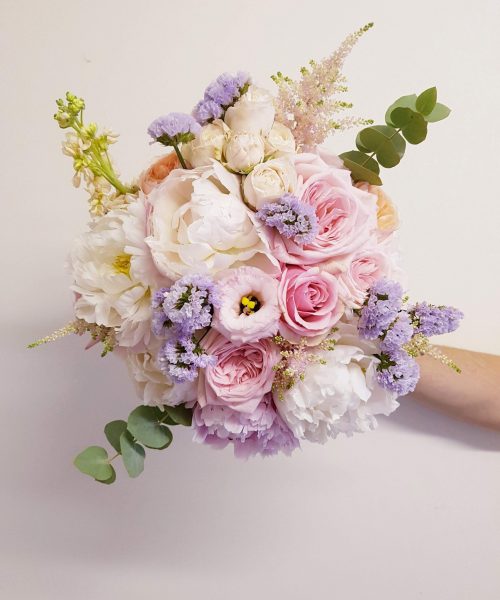 bridal bouquet pale pink lilac white garden rose