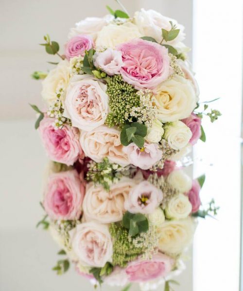 bridal-bouquet-pink-cream-garden-roses-Larkspur-Floral-Design-Florist-Cambridge-UK