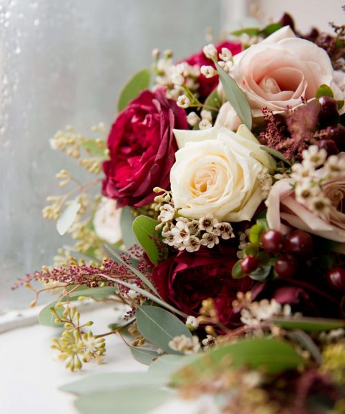 bridal-bouquet-pink-deep-red-teardrop-Selwyn-College-Larkspur-Floral-Design-Florist-Cambridge-UK