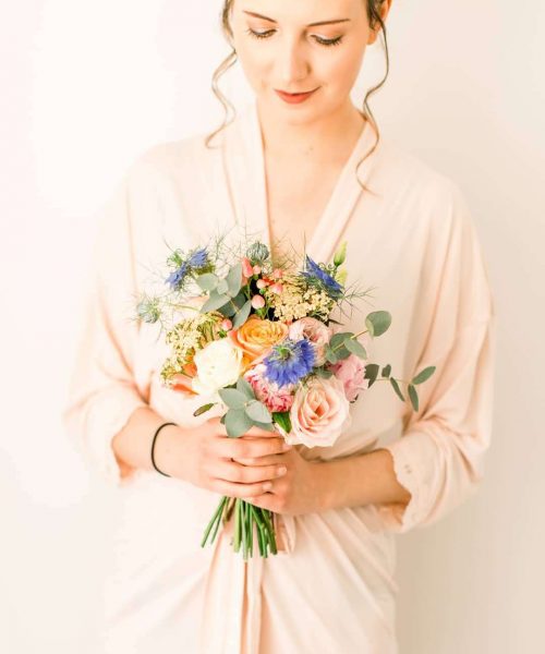 posy of peony garden roses pink powder blue